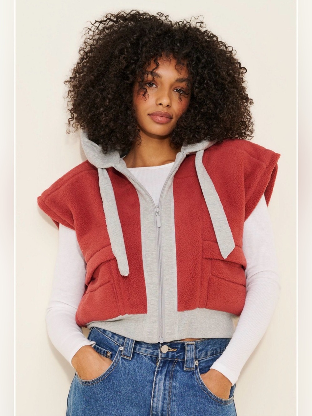 Anthropologie Daily Practice Grey & Red Fleece Vest size XXS